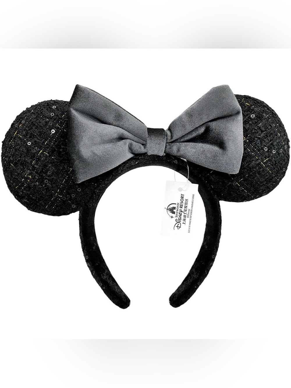 NWT Disney Parks Black Tweed Gray Velvet Bow Mickey Minnie Ears Headband Goth